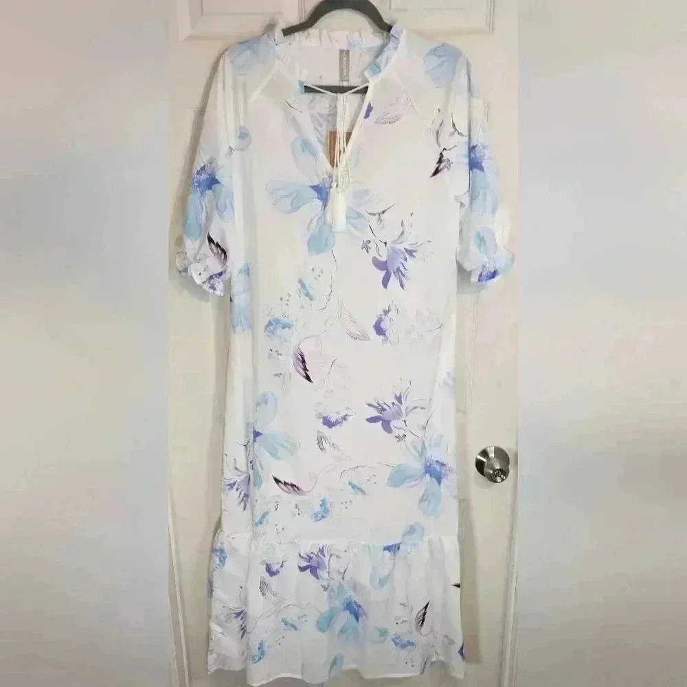 Noracora Women Floral Maxi Dress White Blue Purple Boho‎ Tassel Tiered NWT